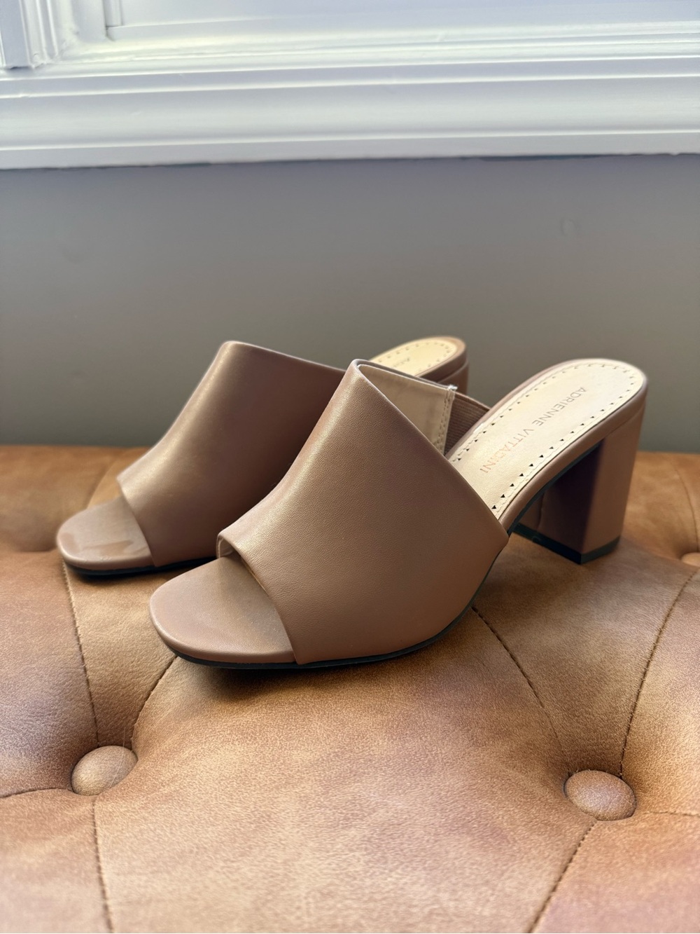 Adrienne Vittadini Taupe Open-Toe Block Heel Mule
